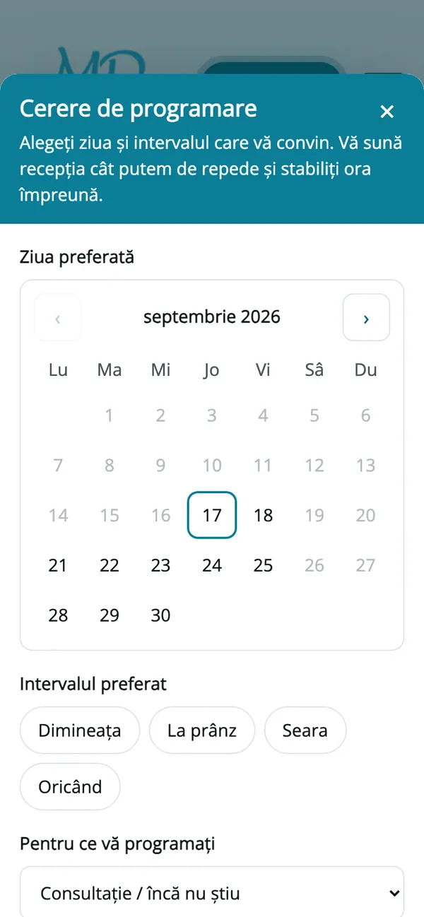 Cererea de programare: o zi, o parte a zilei, un număr de telefon. Fără cont, fără parolă.