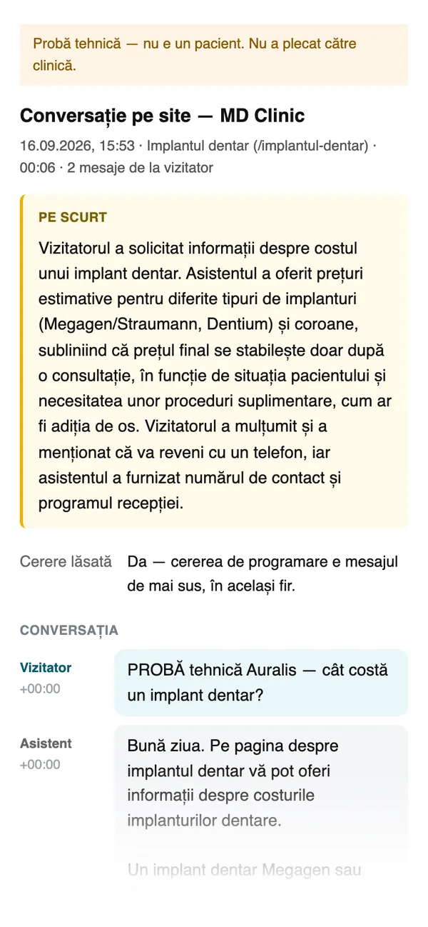 Ce primește recepția: un rezumat scurt sus, conversația completă sub el. Acesta e testul nostru, marcat ca atare.